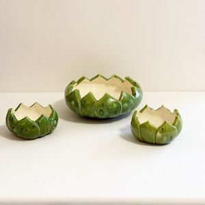 Green Ceramic Artichoke Bowl Set Decorative Display Bowls Avocado 70s Decor